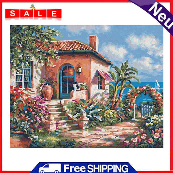 Seaside Holiday Cottage Oil Paint By Numbers Canvas DIY Picture for Adults Child