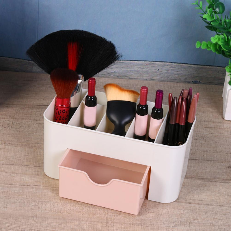 Desktop 6 Grid Makeup Organizer Storage Cosmetic Case with Drawer(Pink)