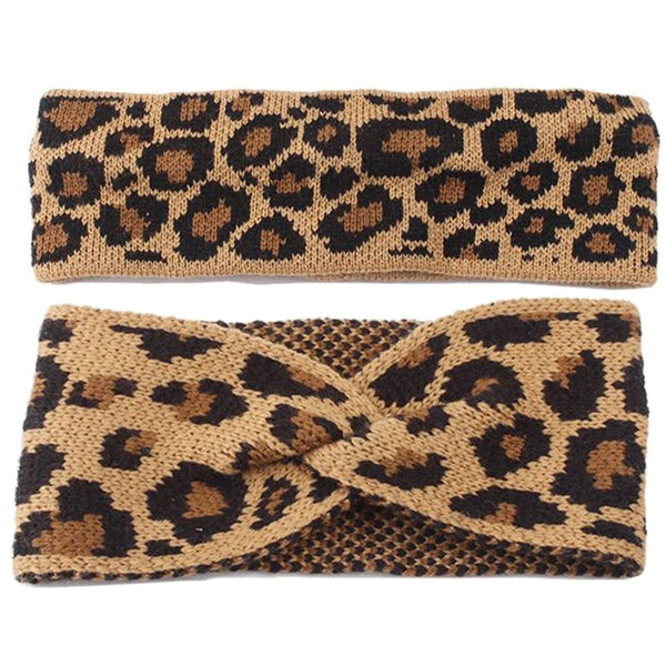 Women Leopard Headwear Crochet Head wrap Knitted Headband Bowknot Turban