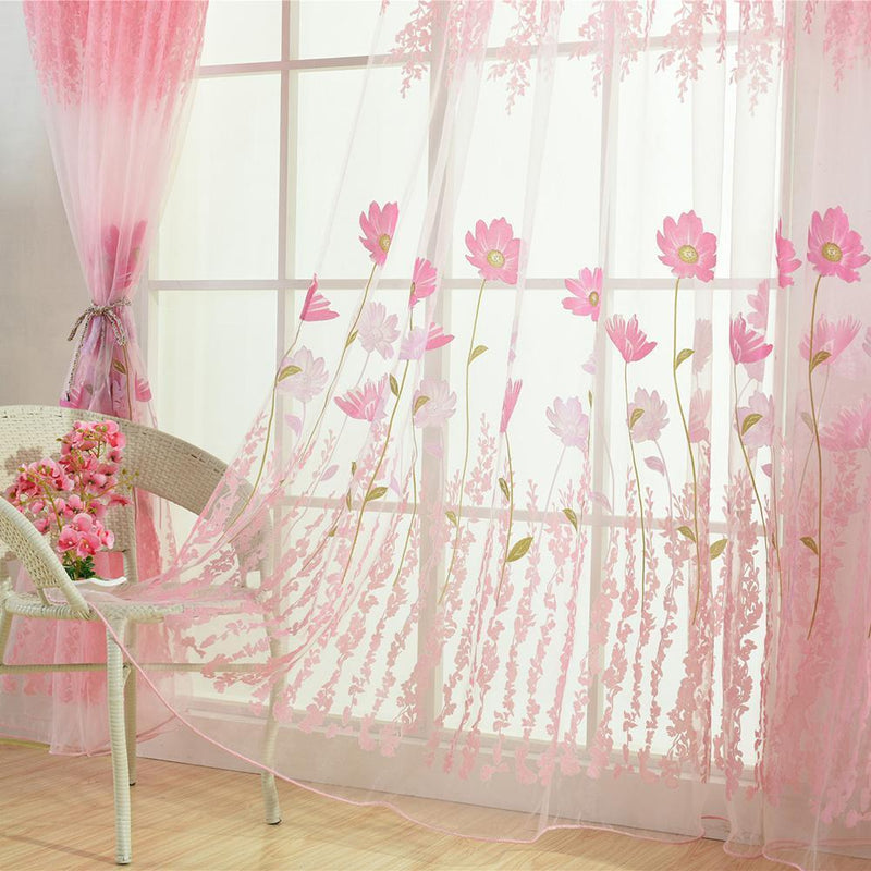 Offset Printing Sheer Curtain Yarn Tulle Window Screen Voile Panel(Pink)