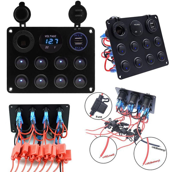 Waterproof Circuit Breaker 8 Gang 12V/24V LED Rocker Switch Panel Dual USB Port
