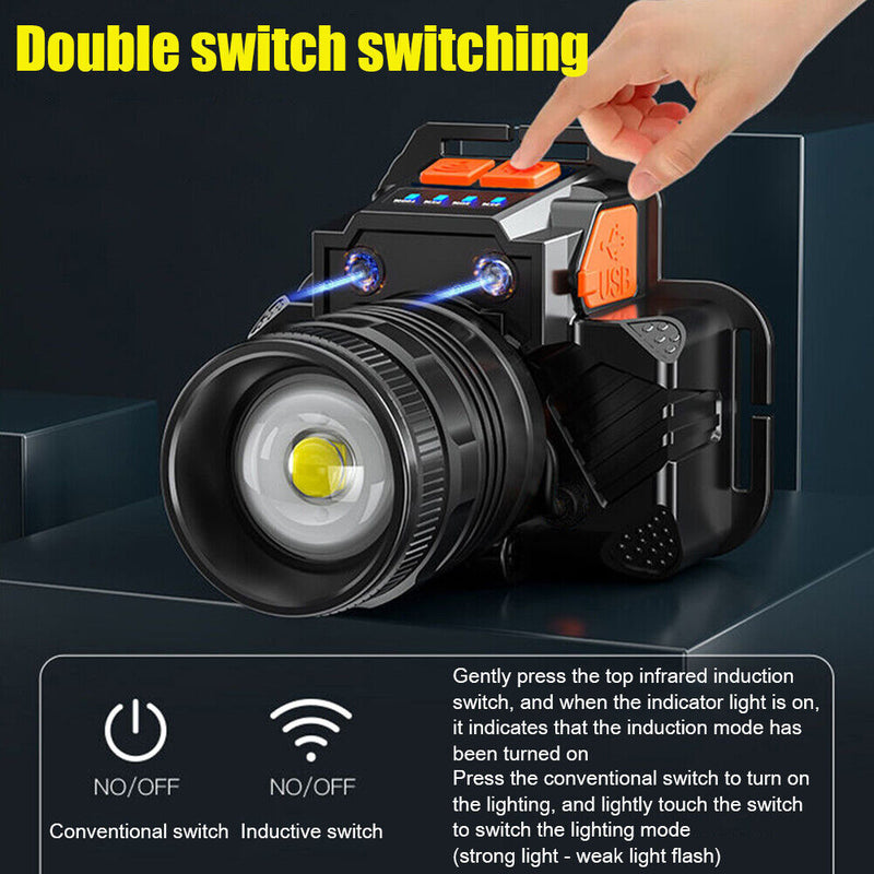 LED Headlamp Power Bank Smart Wave Induction 300lm 3 Modes Outdoor Safety Torch