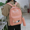 5pcs/set Cute Cat Canvas Bags Travel Backpack Shoulder Clutch Bag (Pink)