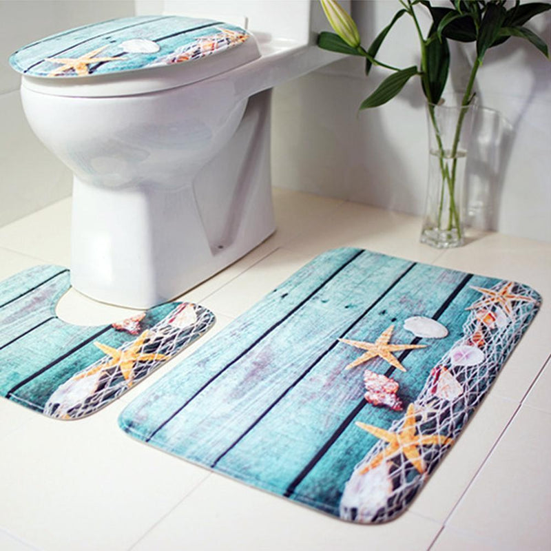 3pcs Ocean Underwater World Anti Slip Toilet Pattern Carpet Bathroom Mat(A)