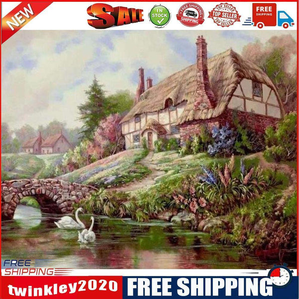 Frameless Oil Paint By Numbers Cottage Country DIY Canvas Picture Craft Kit