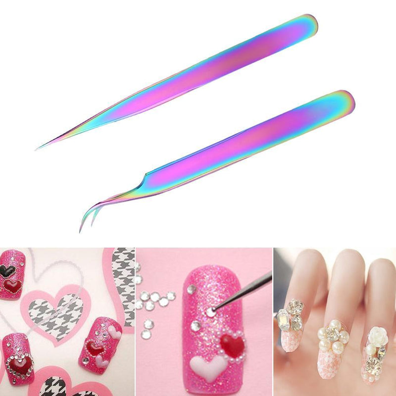 Rainbow Tweezers Nail Rhinestone Picker Nail Art Eyelash Tool (T-1+T-2)