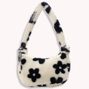 Women Plush Flower Pattern Handbag Lady Winter Warm Small Shoulder Bag