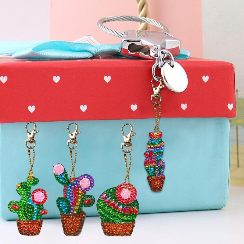 4pcs DIY Full Drill Diamond Painting Keychain Special Shaped Cactus Bag Keyring