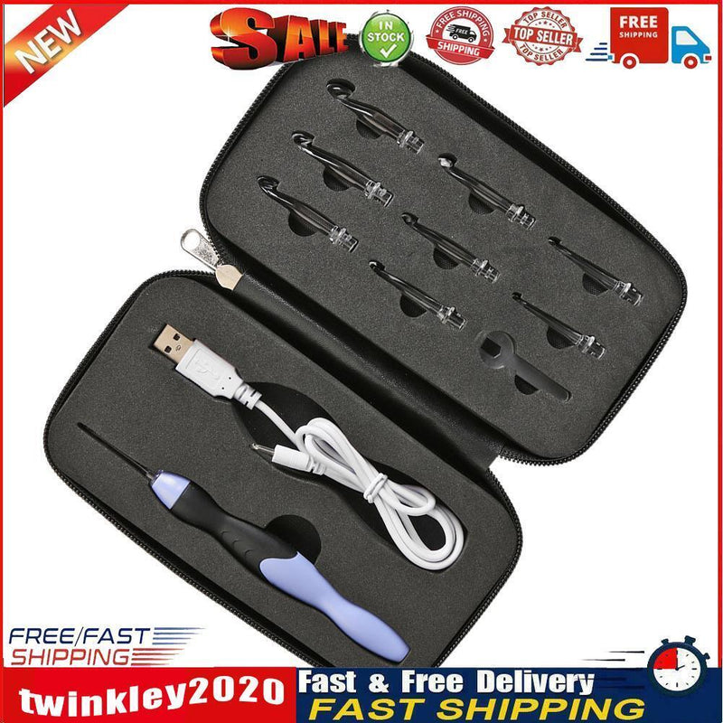 9 in 1 USB Light Up Crochet Hooks Knitting Needles LED Sewing Kit (Black) Newly