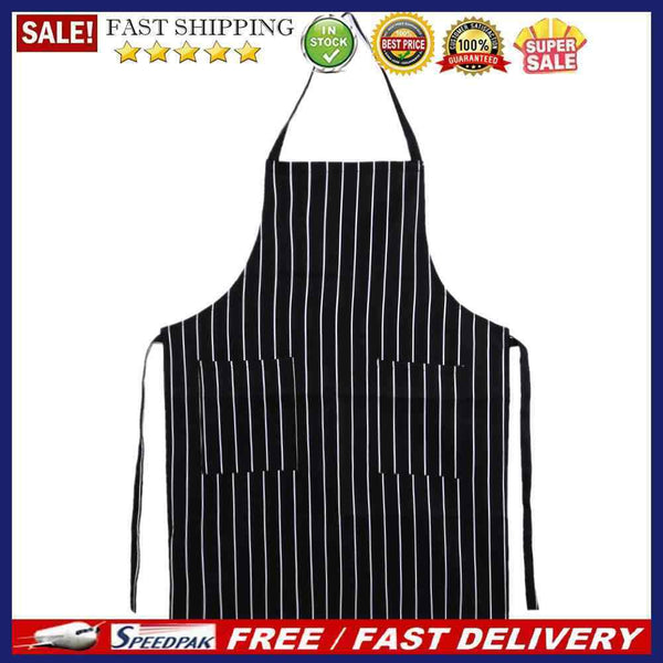Waterproof Oilproof Stripe Bib Apron with 2 Pockets Chef Cook Tool