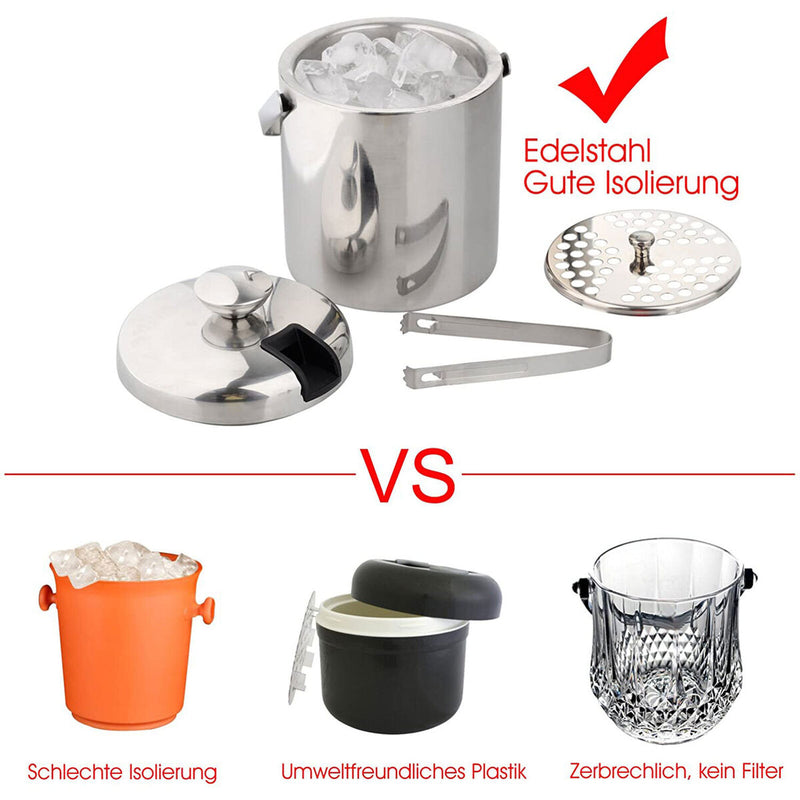 Double Wall Ice Bucket Insulated Stainless Steel with Tongs Strainer (3.2L)