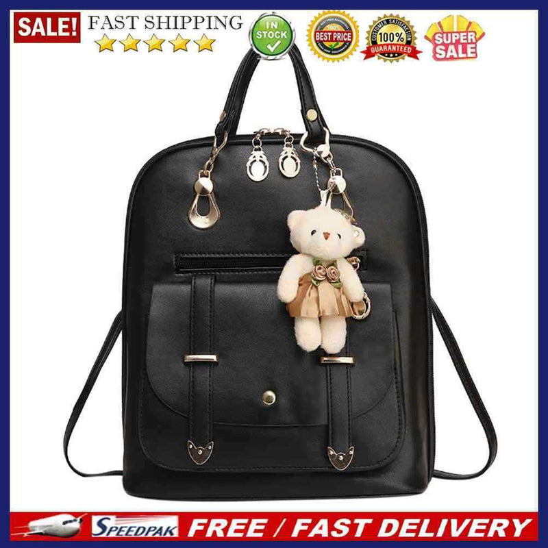 Women Student Preppy Style Cute Bear Pendant Bookbag Backpack(Black)