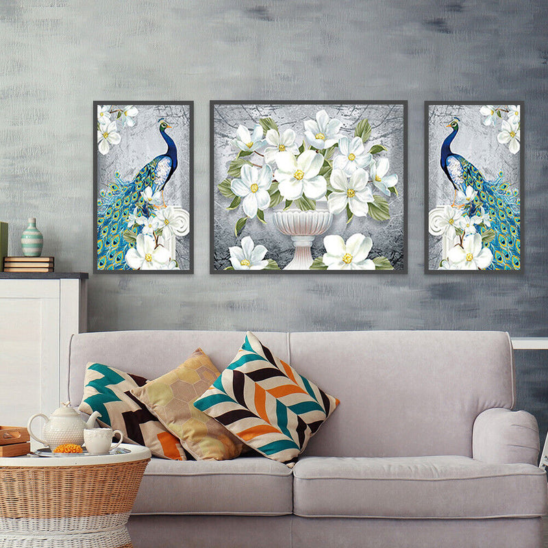 3pcs 5D DIY Full Drill Diamond Painting Peacock Cross Stitch Kit (White)
