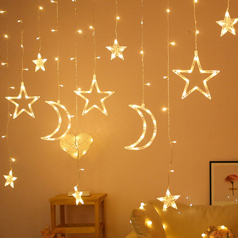 LED Star Moon Curtain Lamp Fairy String Light Festival Home Decor (White) Newly