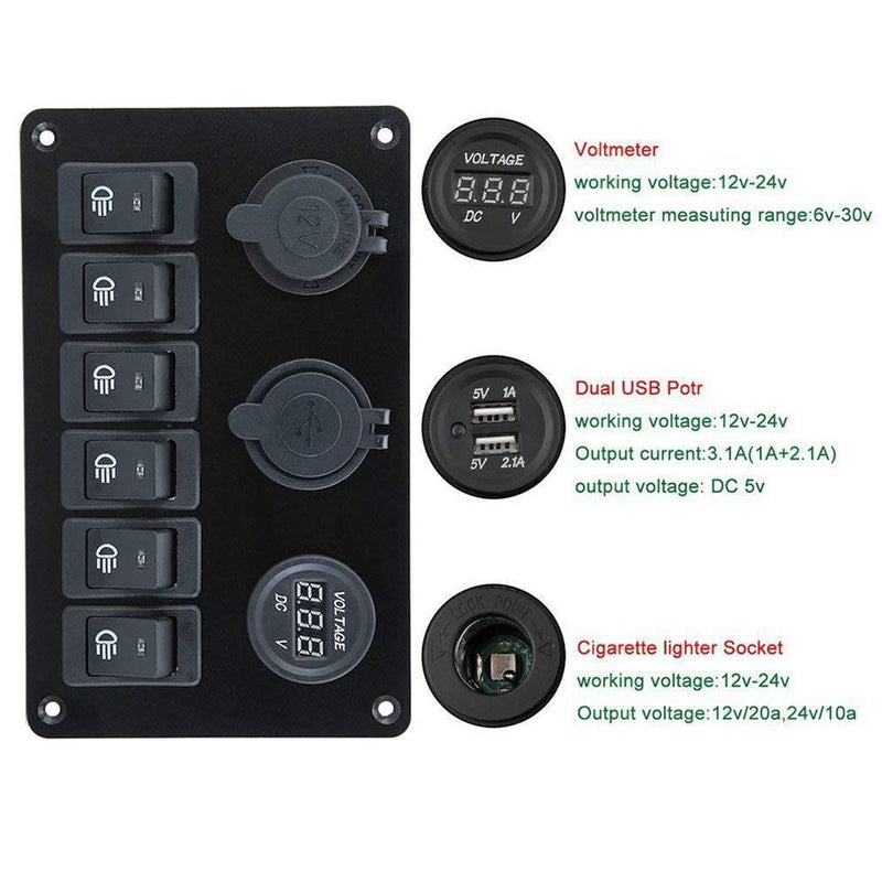 Voltmeter Circuit Breaker Dual USB Port 6 Gang 12V/24V LED Rocker Switch Panel