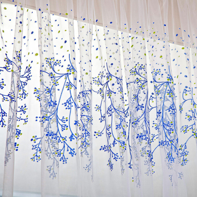 Flowers Print Translucent Curtains Windows Decor Tulle Sheer Drapes Blue