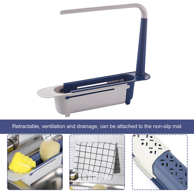 Telescopic Sink Storage Rack Holder Adjustable 2-in-1 Sink Organizer (Blue)