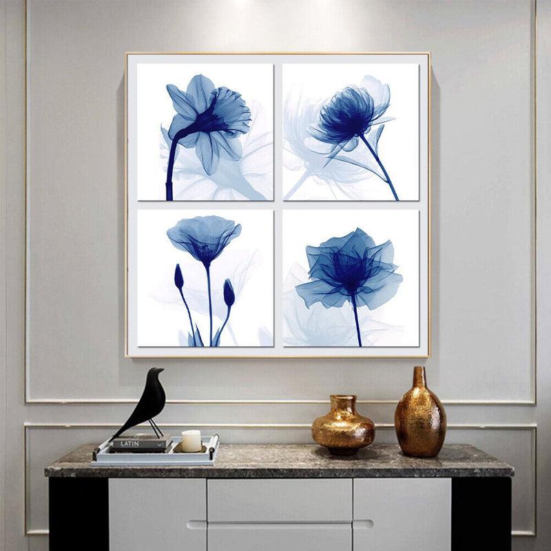 4 Blue Flowers Oil Paint By Numbers DIY Coloring Picture for Adults Child Panels