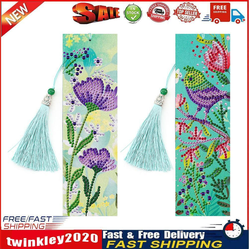 2pcs Diamond Painting Bookmark DIY Flowers Leather Tassel Book Marks Craft Newly
