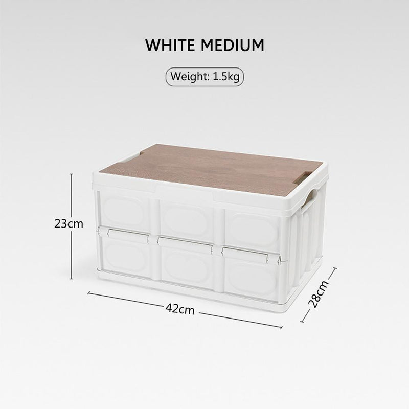 Camping Outdoor Foldable Organizer Case Storage Box w/ Wooden Lid (White M)