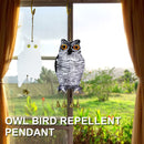Bird Scare Owl - Hanging Bird Repellent with Bell for Garden Window (White)