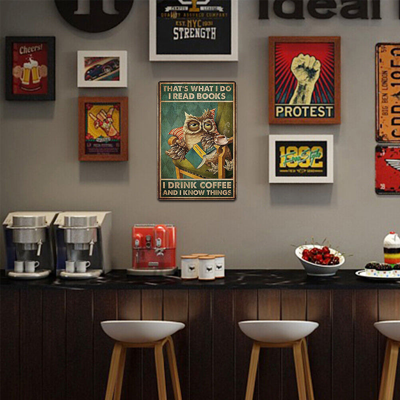 Retro Book-reading Owl Metal Painting for Bar Pub Tin Plaques Wall Sign (3)