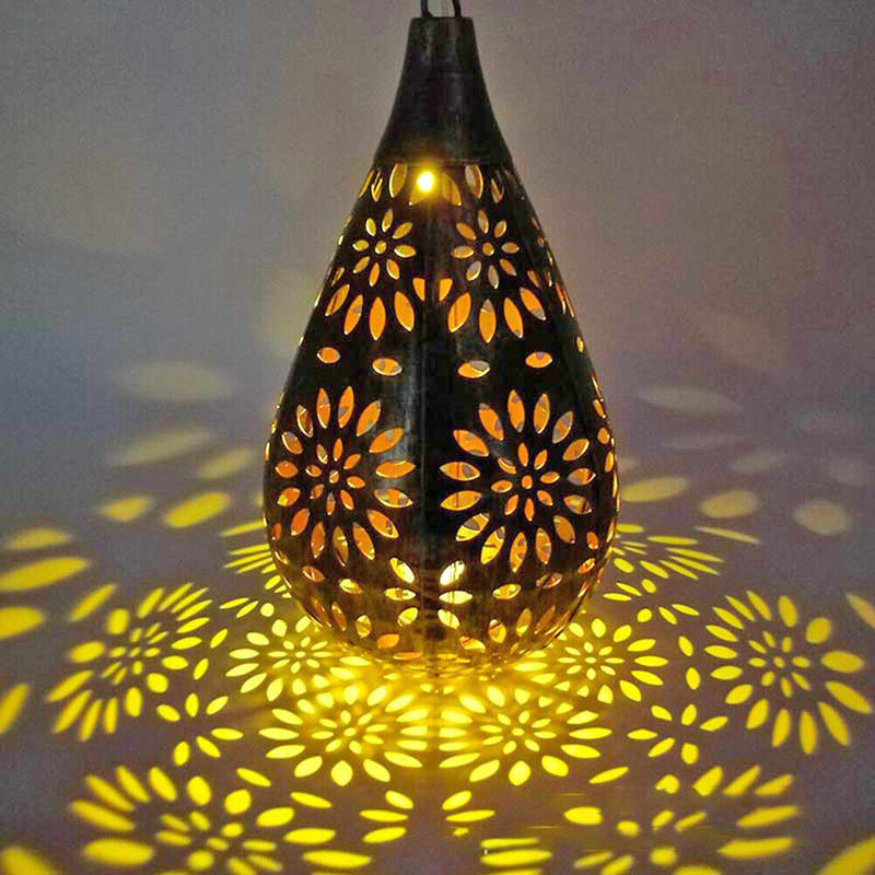 Metal Water Drop Solar Hollow Projection Lamps Outdoor Hanging Lights (B)