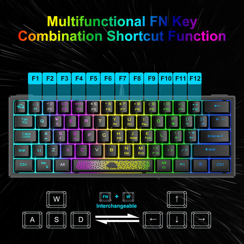 K61 RGB Wired Keyboard 60 Percent 62 Keys Ergonomic Gaming Keyboard (Black)