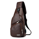 Leather Men Crossbody Chest Bag USB Charging Shoulder Packs (Dark Brown)