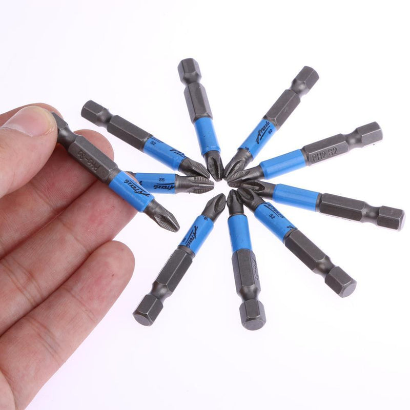10pc Anti Slip Electric Screwdriver Bits 1/4 Hex Shank Ph2 50mm Single Side