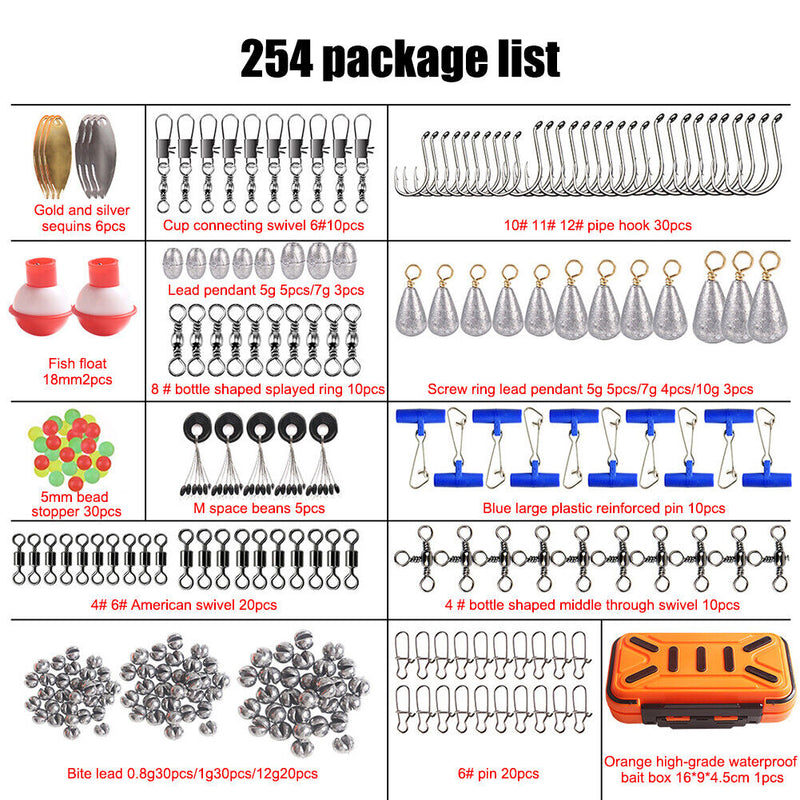 254pcs Waterproof Fishing Tackles Box Accessories Kit Set Rock Fishing Tools