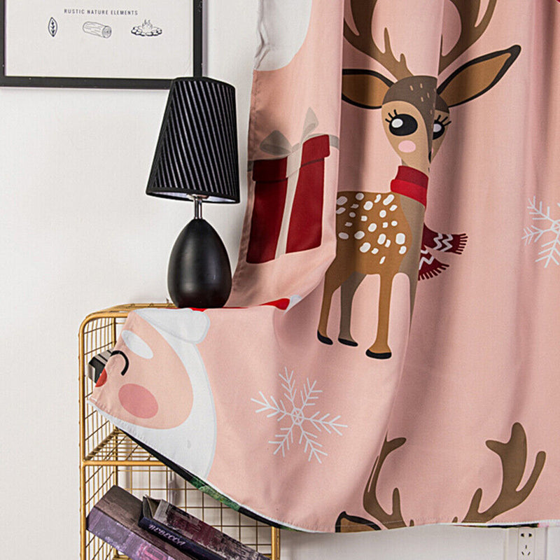 Window Curtain Pink Base Elk Santa Painting Polyester Room Christmas Decoration