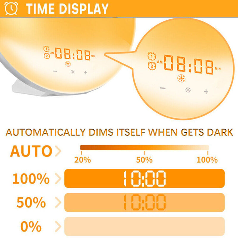 Smart Wake Up Digital Clock 7 Colors Sunrise Sunset FM Radio Table Light