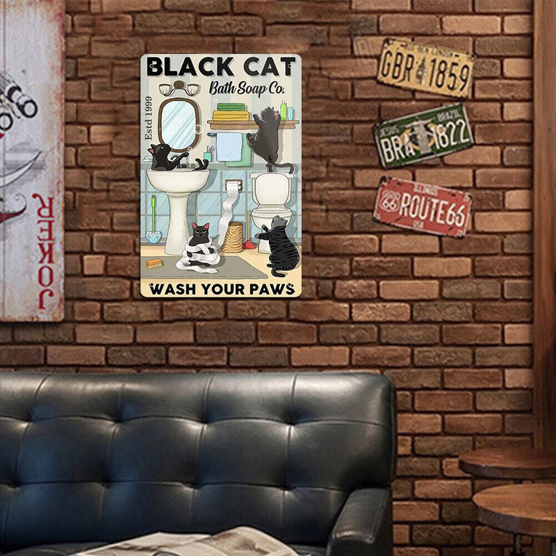 Washroom Black Cat Metal Plate Tin Sign Retro Iron Painting Wall Art Home Poster