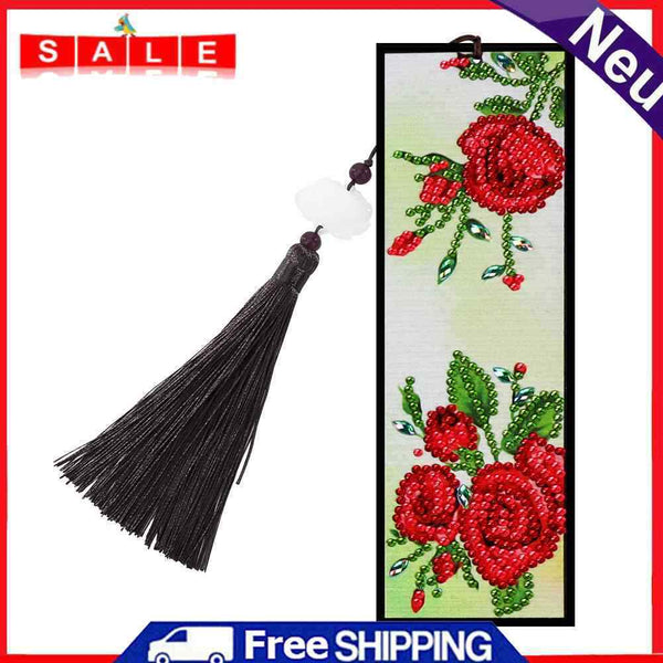Tassel Red Flowers Leather DIY Special Shape Diamond Painting Bookmark Art Craft