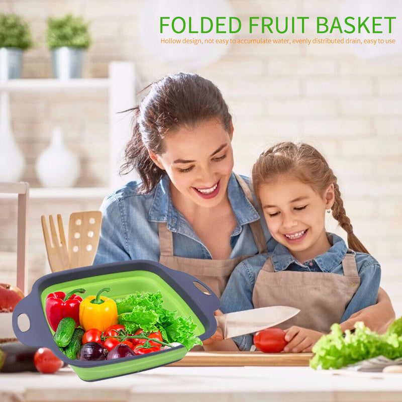 Folding Silicone Drain Basket Fruit Vegetable Washing Strainer (Green L)