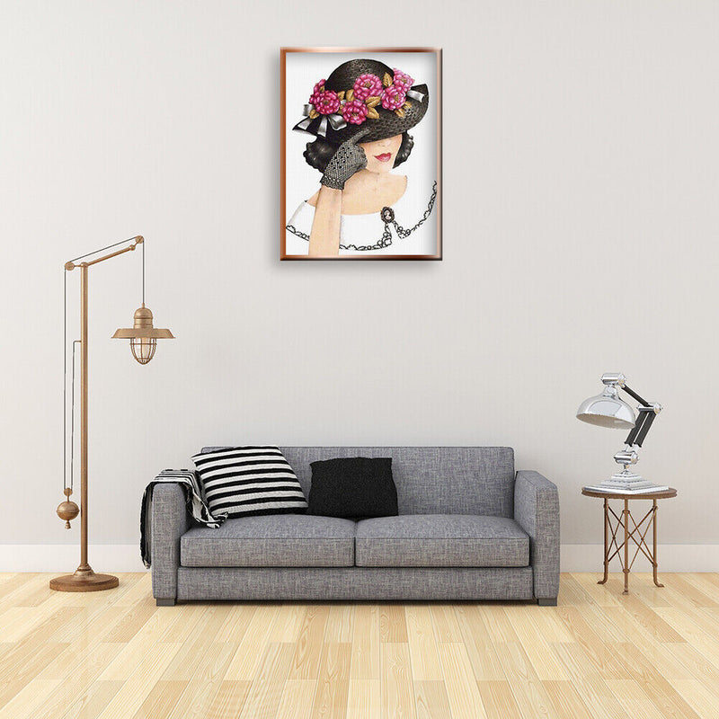 DIY Mosaic Kit 5D Round Painting Full Diamond Drill Woman with Flower Hat Gift