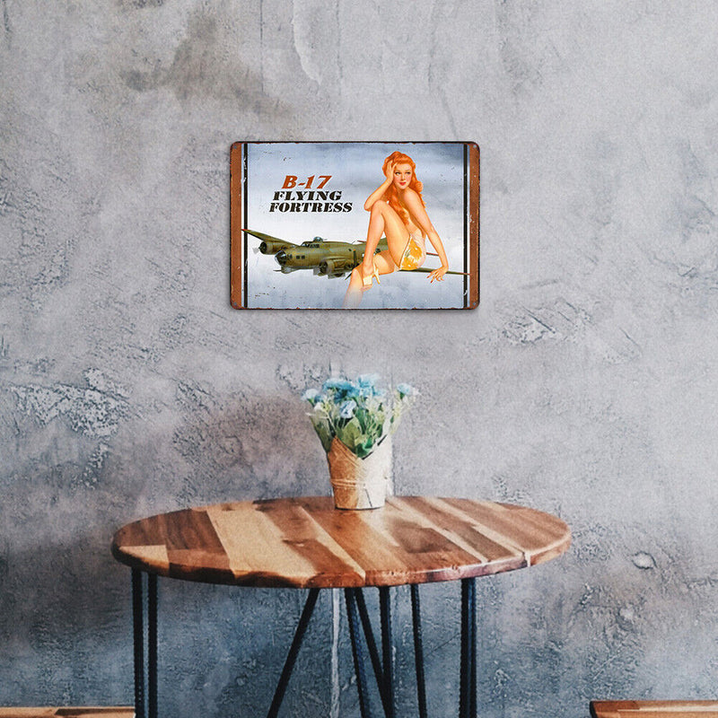 Flying Fortress Girl Metal Sign Plaque Wall Poster Decor for Home Cafe Bar