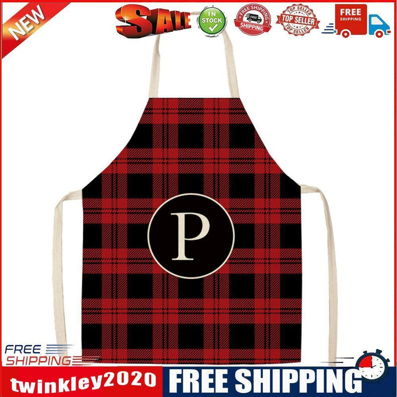 Plaid P Print Apron Linen Waterproof Cooking Bibs Chefs Pinafore (68X55CM)