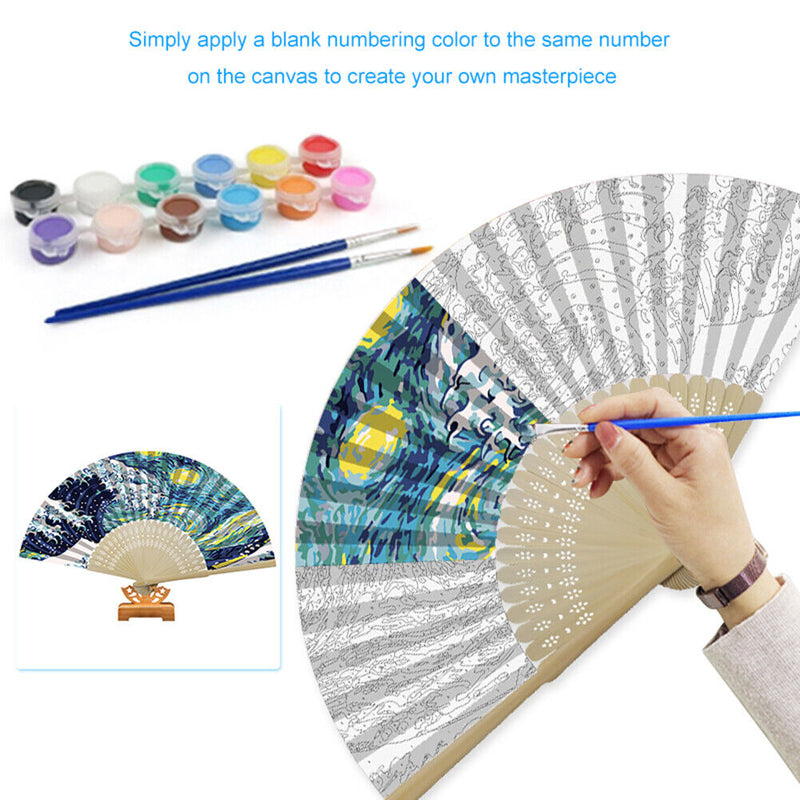 Handmade Oil Painting Waves Folding Fan By Numbers DIY Painted Craft Kit