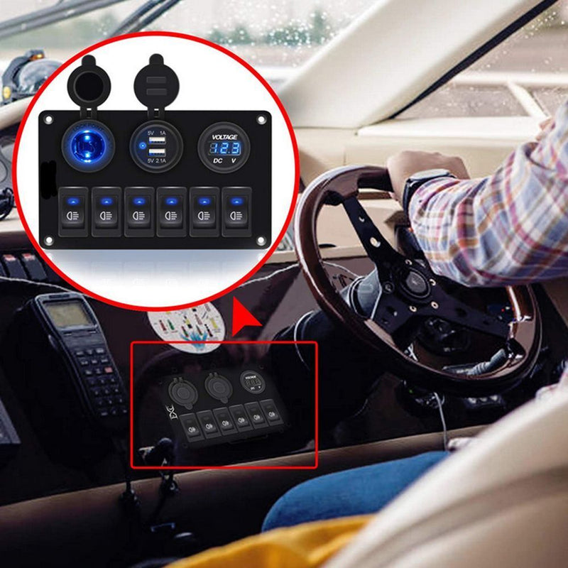 Waterproof For Car RV LED Rocker Switch Panel Dual USB Port 6 Gang 12V/24V