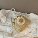 5pcs Women Straw Bucket Flower Drawstring Crossbody Shoulder Bags(Khaki)