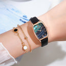 Simple PU Leather Watch Elegant Bracelet Women Square Dial Quartz Wristwatch Set