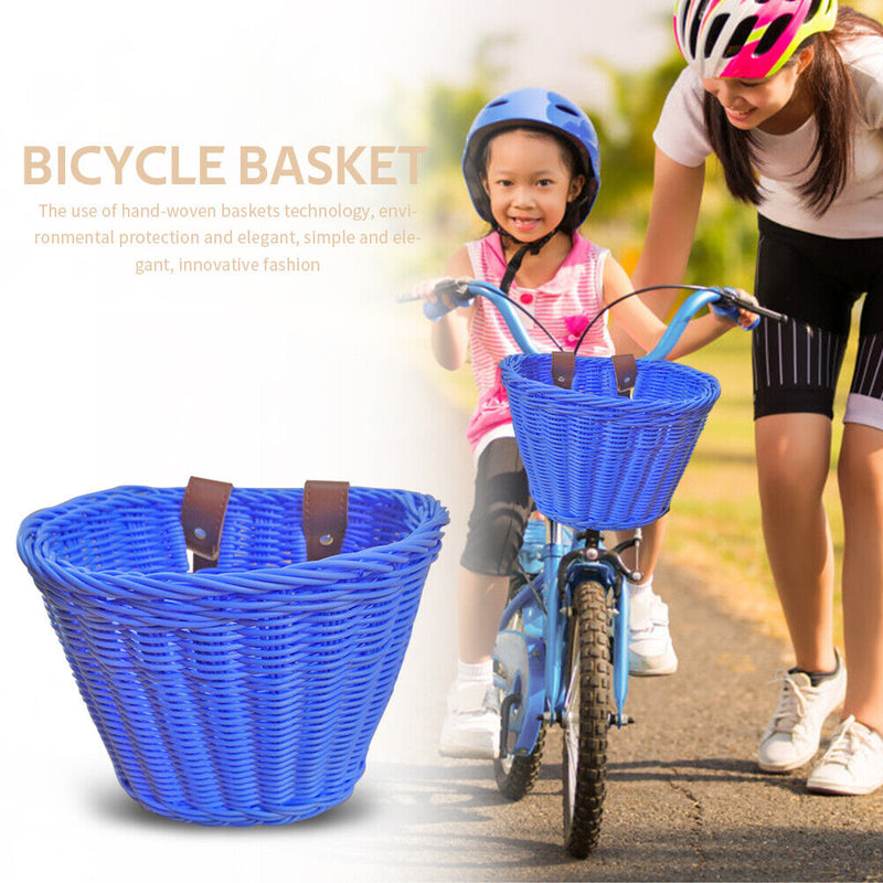 Kids Bike Basket Women Students Bicycle Rattan Weaving Front Basket (Blue) Newly