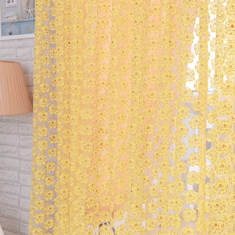 Balcony Window Curtain Rose Pattern Sheer Voile Tulle Valances Yellow