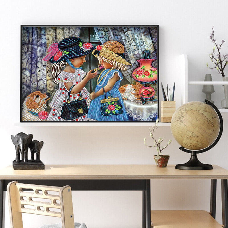 5D DIY Partial Special Shaped Drill Diamond Painting Two Little Girl Handmade