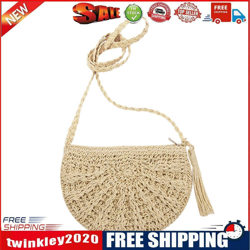 Tassels Beach Messenger Handbag Women Girl Crochet Straw Shoulder Bag/Beige
