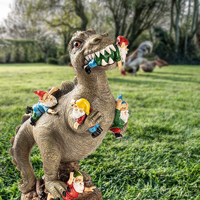 Dinosaur Eating Gnomes Garden Statue Outdoor Art Sculpture for Patio (S) Newly