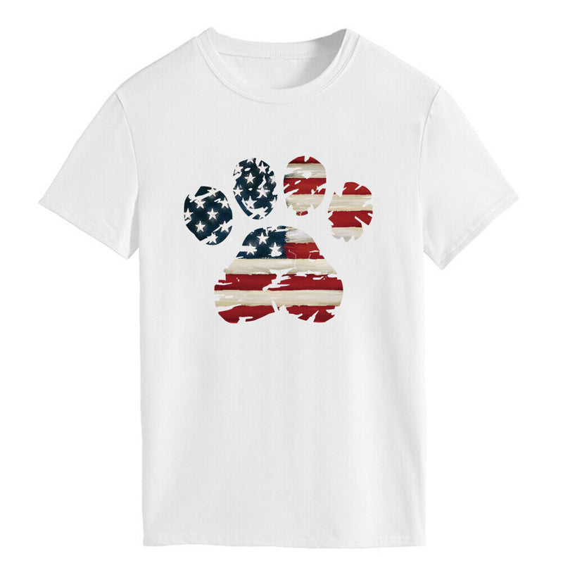 #A American Flag Dog Paw Print T-Shirt Summer Womens Top-013907
