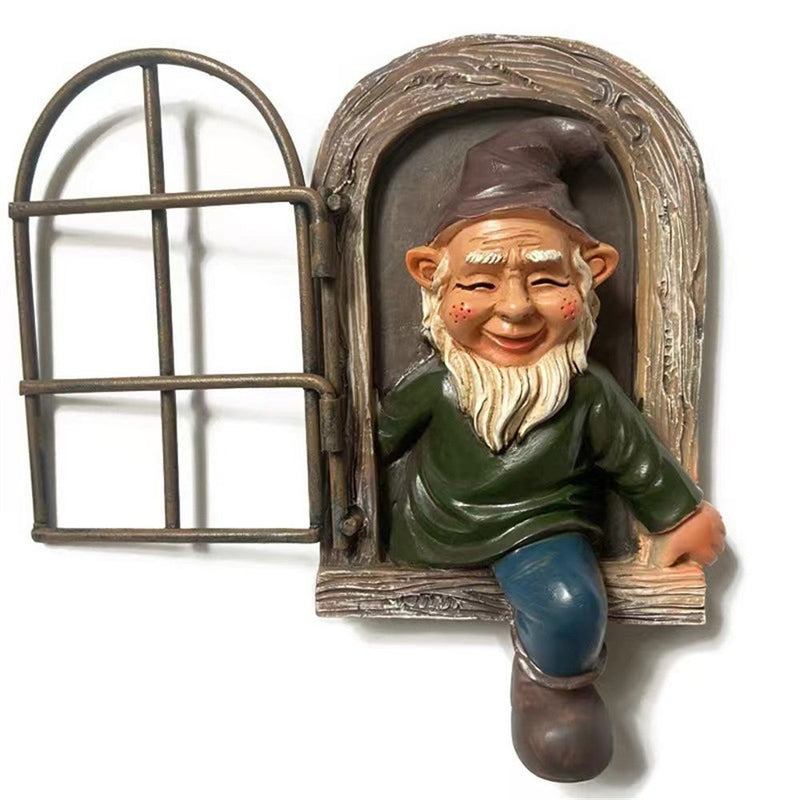 Yard Wall Art Garden Decoration Elf Gnome Window Dwarf Statue Tree Sculpture